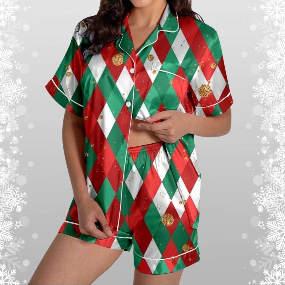 NEW NIP Satiny Diamond Pattern Matching Pajama Shorts Set Size Small Gold